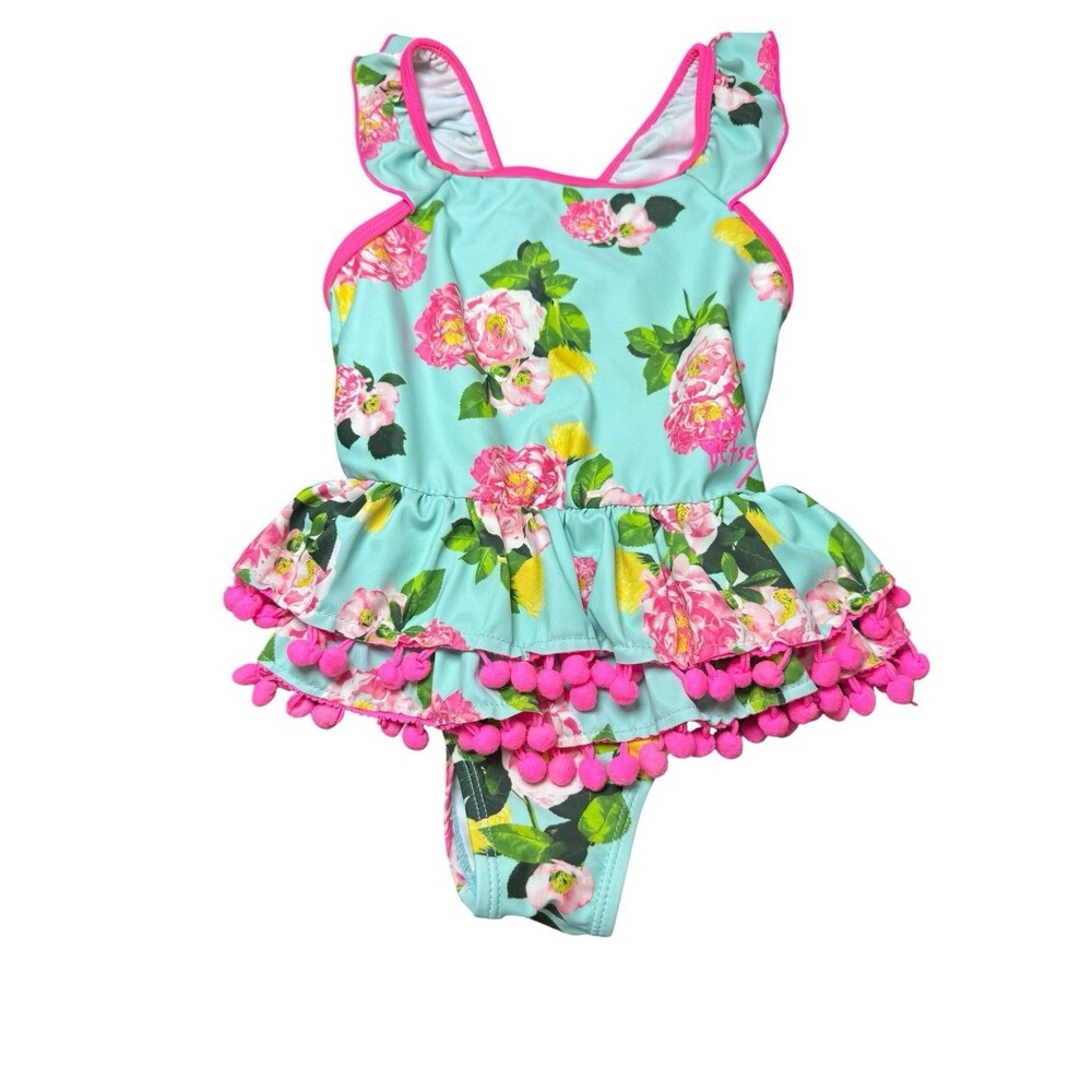 BETSEY JOHNSON Swimsuit Girls Size 5T 1 Piece Floral Pom Poms EUC